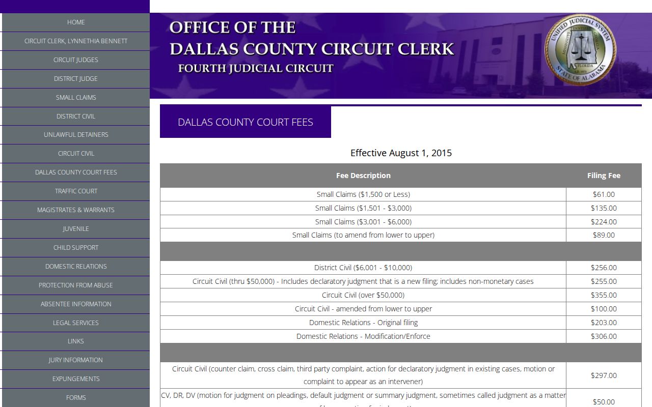 Dallas County court records court fee table