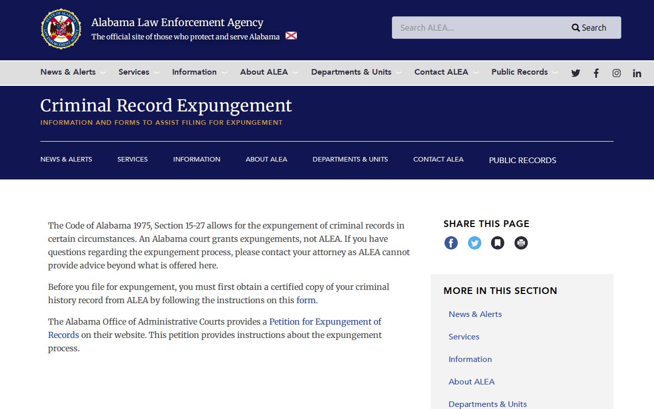 Dallas County criminal court records ALEA criminal record expungement page