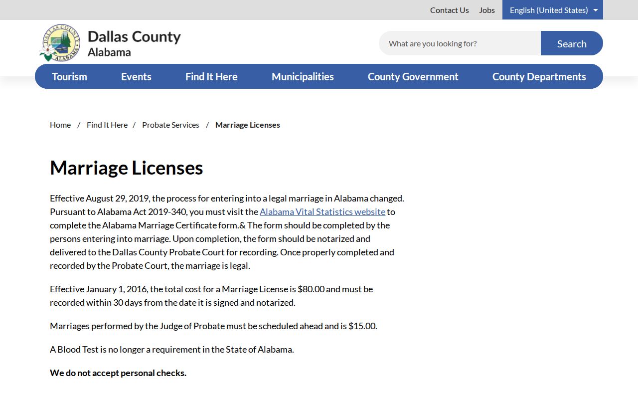 Dallas County marriage records Probate Office certificate process
