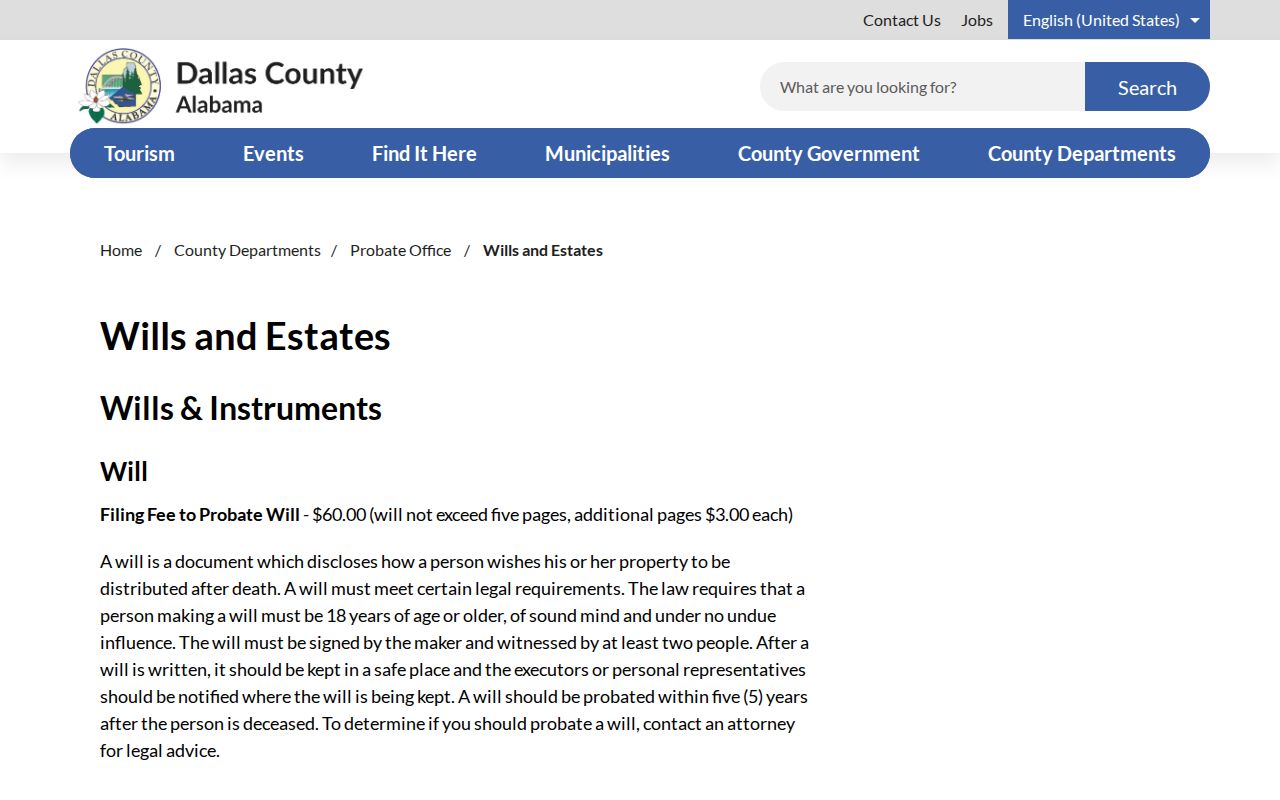 Dallas County probate records wills and estates page